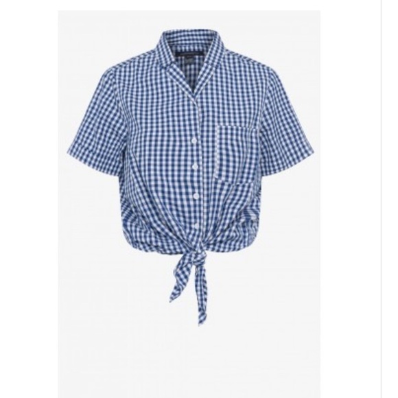 French Connection Blue & White Gingham Plaid Reta Tie Front Oversized Button Up - Picture 1 of 7